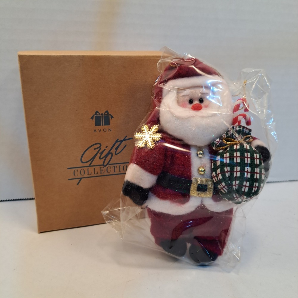 Avon Gift Collection Santa Claus Fabric Hanging Christmas NIB Ornament Plaid Red